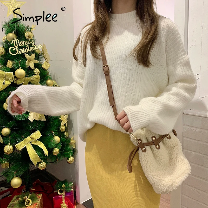 Simplee Autumn winter women's purple sweater Casual simple fashion knitted pullover Pink drop shoulder sleeve o-neck | Женская