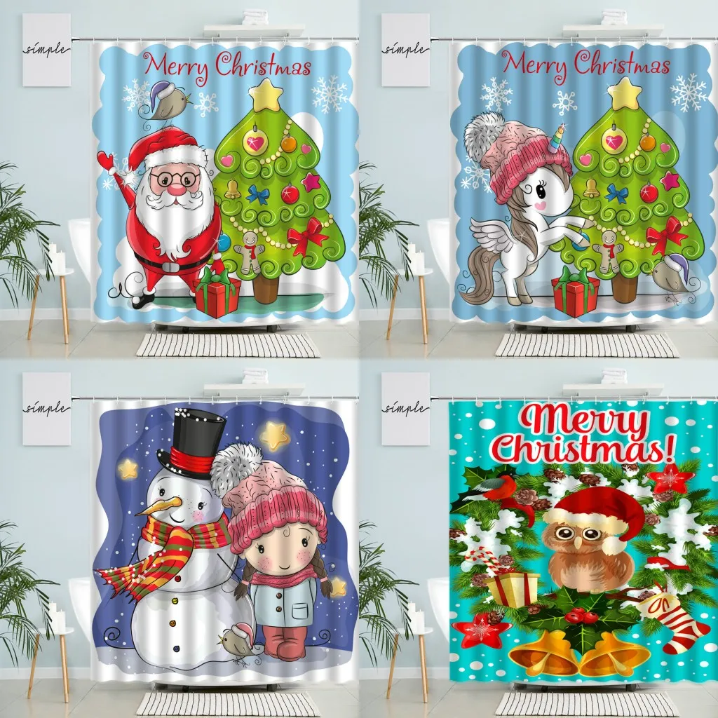 

Cartoon Merry Christmas Shower Curtain Santa Claus Snowman Unicorn Elk Owl Fun Animal Kid Bathroom Waterproof Screen Home Decor