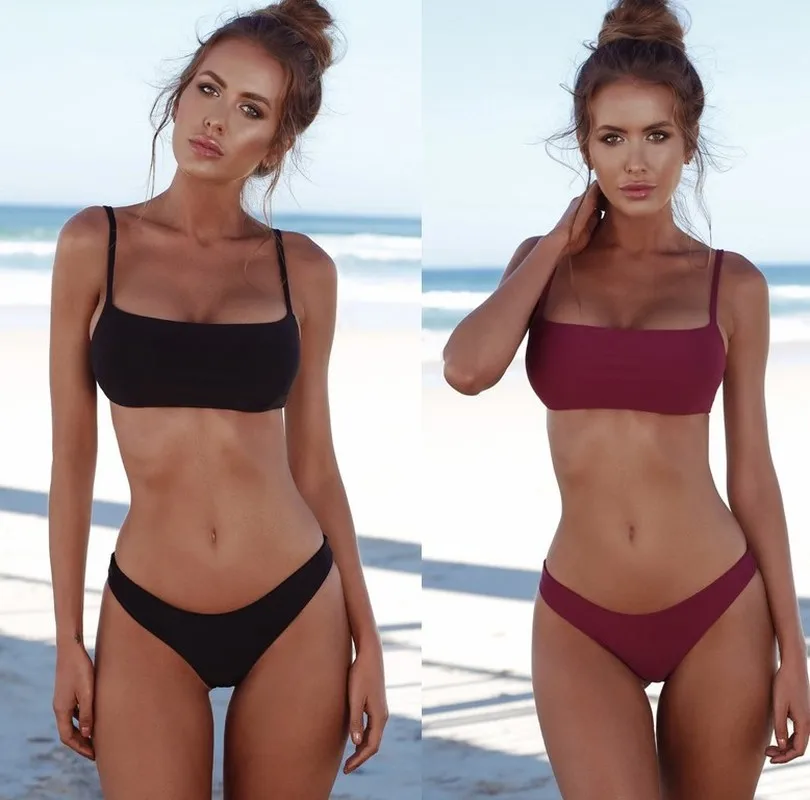 Горячий сексуальный комплект бикини купальник из двух частей женское однотонное