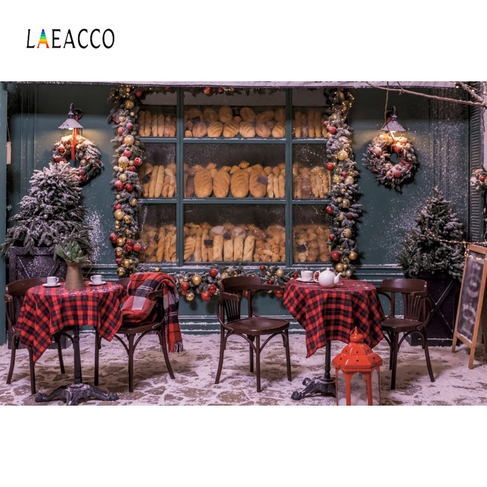 Рождественский Фотофон Laeacco витрина хлебобулочного магазина деревья снежный