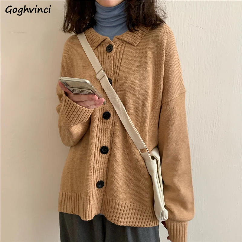 

Cardigan Women Autumn Solid Turn Down Collar Casual All-match Harajuku Spring Loose Korean Style Simple Female Knitwear Ulzzang