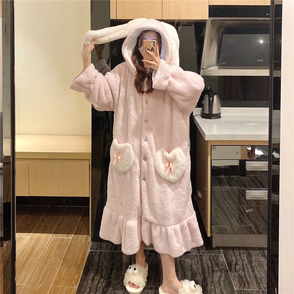 

Осенне-зимнее длинное пальто, женская домашняя пижама, утепленная мягкая розовая плюшевая Домашняя одежда, милое пальто с капюшоном и ушкам...