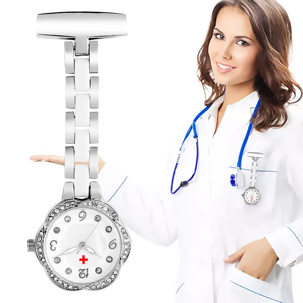 

Top Quality Luxury Silver Rose Gold Nurse Watches for Women Flower Shape Pendant Clock Diamond Quartz Pocket Watch Doctor Gifts