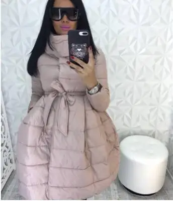 pink Зимние Модные женские пальто medium-длинная хлопковая стеганая куртка Толстая шнуровка талия большой подол парка пальто - Цвет: pink