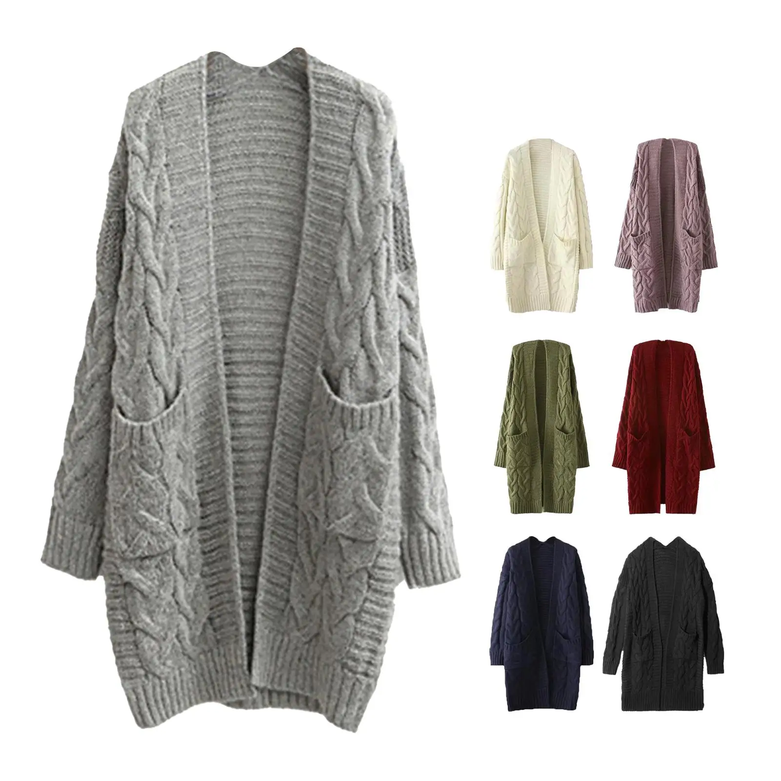 

Cardigan Sweaters Women Autumn Winter Pockets Cardigan Long Sleeve Twist Knitted Mid-length Coat Pull Femme 2021