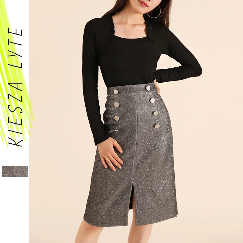 

Women Elegant Glossy Skirt High Waist Split Knee Length Button Office Lady Gray Skirts