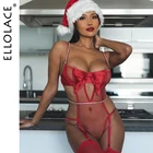 Ellolace, чувственный боди для женщин, стразы, рождественское красное эротическое белье, бантик, горячая сетка, открытое порно, Babydoll, сексуальный костюм