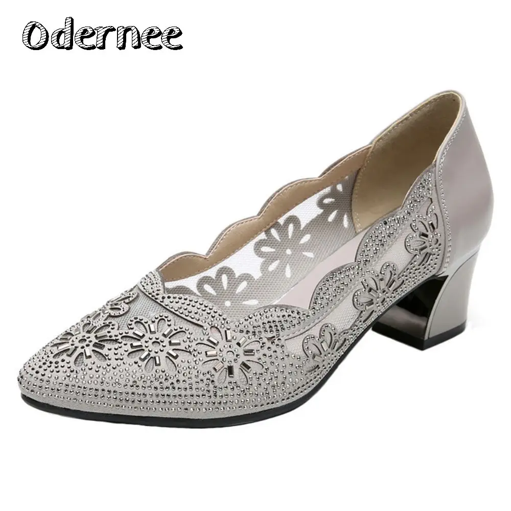 

ODERNEE 2021 Summer Fashion Hollow Out Genuine Leather Pumps Women Shoes Med Heels Square Heel Mesh Ladies Office Shoes Crystal