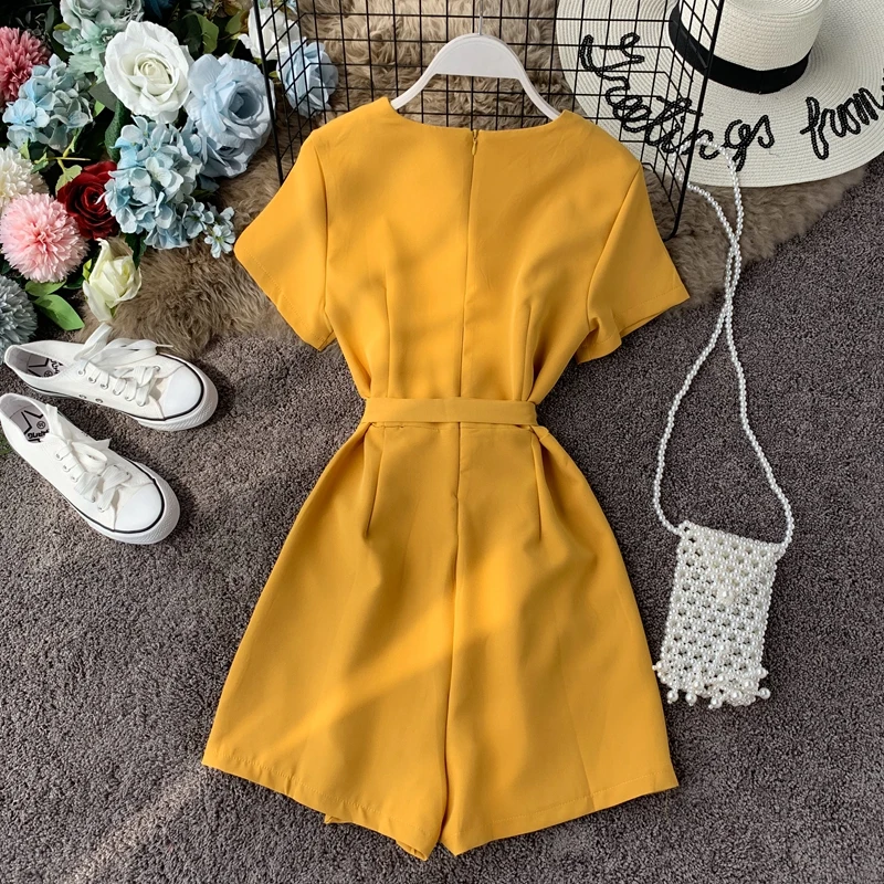 

Summer Solid V Neck Solid Ropa Mujer Beach Style High Waist Jumpsuit Women Bandage Bow Jumpsuit Fashion