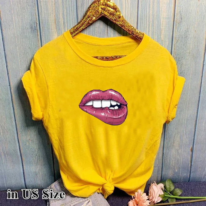 Футболка женская с принтом губ пикантная Свободная рубашка коротким рукавом и