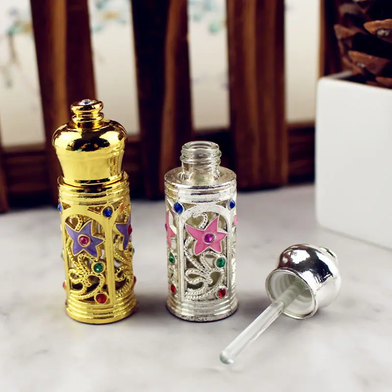 

12pcs 3ml Antiqued Glass Perfume Bottle Arab Style Metal Essential Oils Bottle with Glass Dropper GOLD SILVER Color