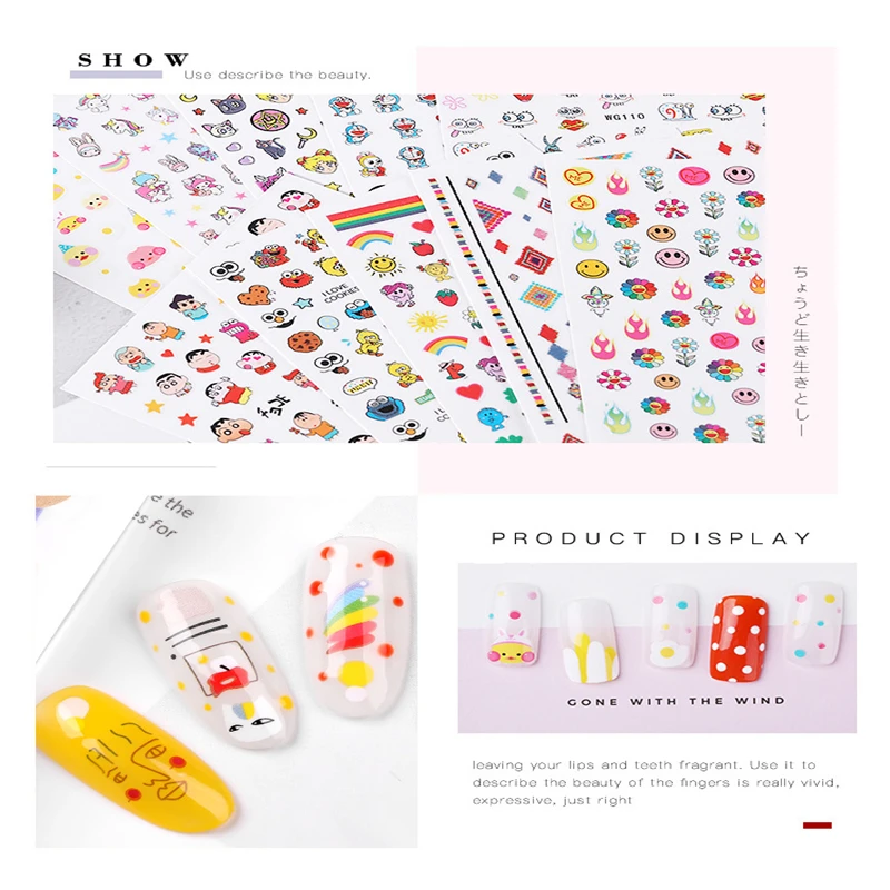 

New 1pcs Adhesive Nail Art Sticker Cartoon Designs Decoration for Nails Rainbow Flowers Letter Decals Manicure DIY Foils Stripes