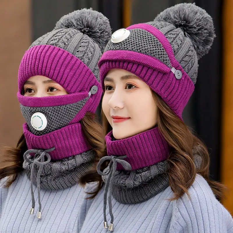 

New Beanies Hat Women Sets 3pcThick Knit Skullies Hats Scarf Mask Female Winter Outdoor Windproof Warm Knitted Wool Caps