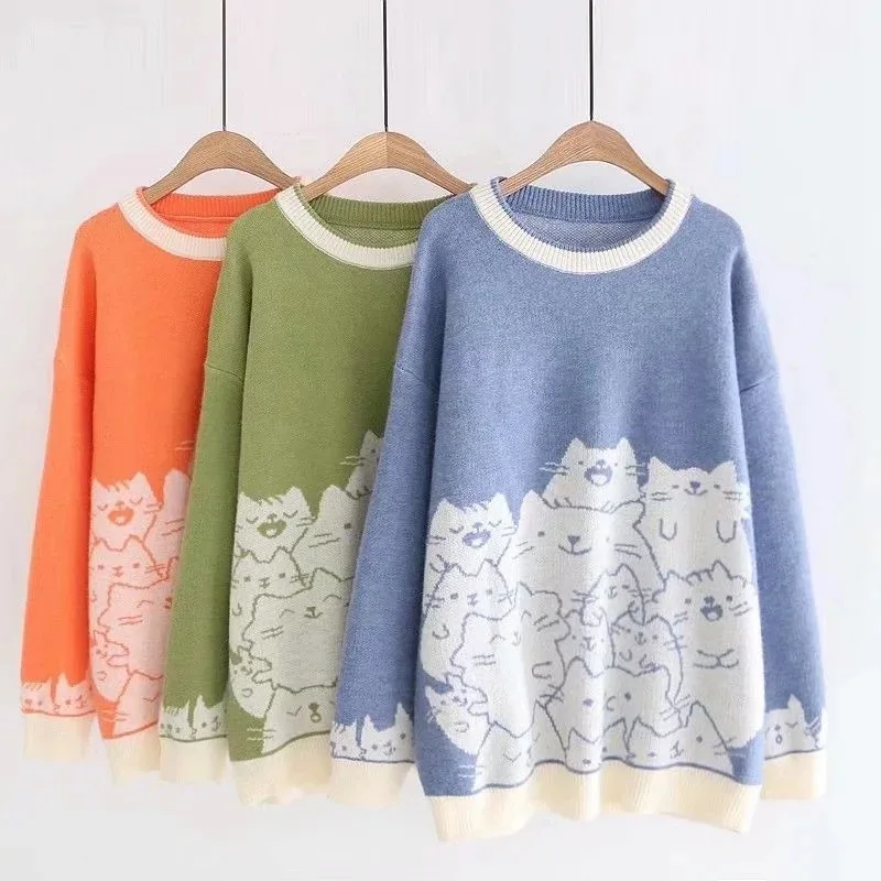 

New Sweater Women Cartoon Cat Embroidery Knitted Sweaters 2020 Autumn Harajuku Jacquard Sweaters Loose Knit Pullover