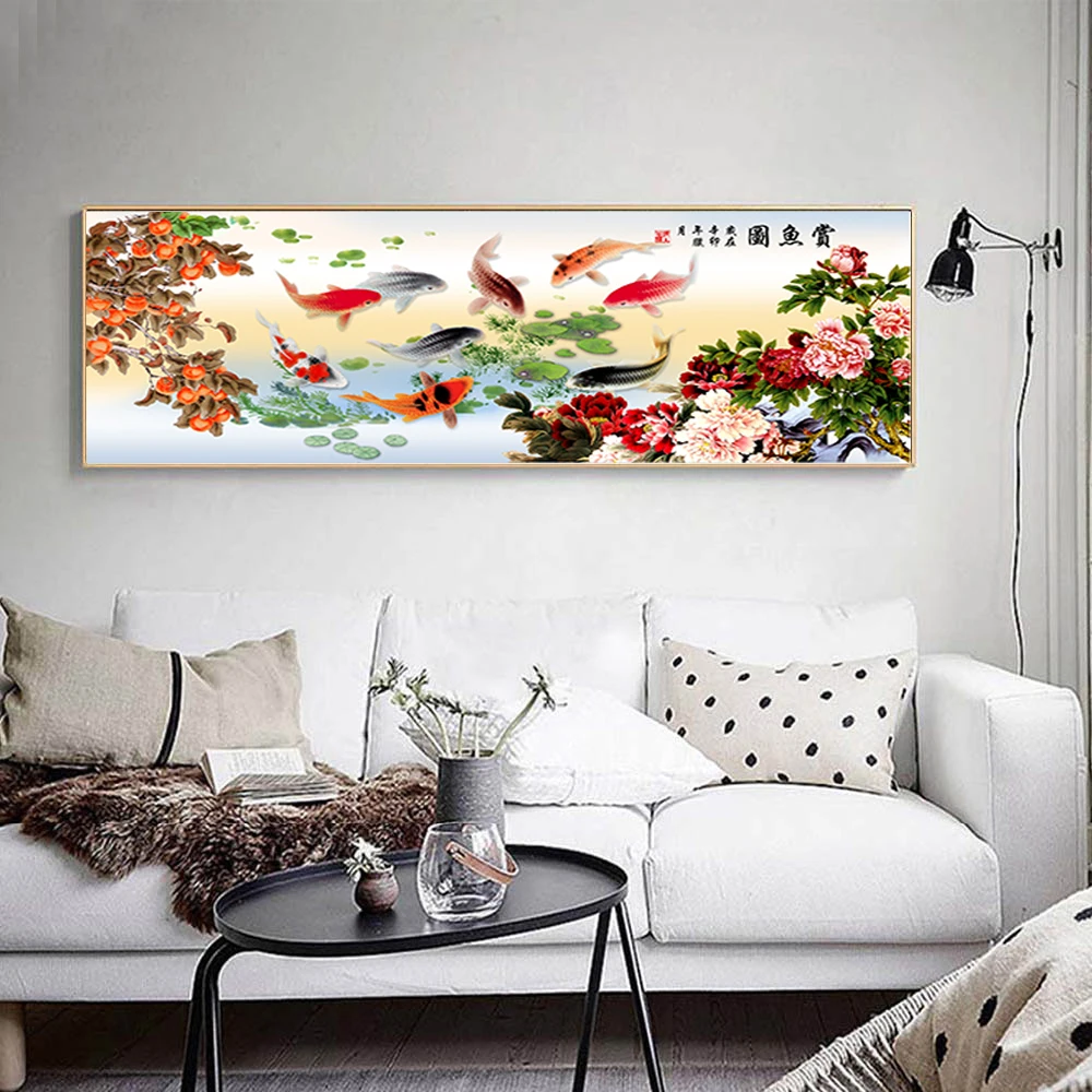 

Wall Art Picture Chinese Abstract Nine Koi Fish Landscape Big Size Animal Posters and Printing For Living Room Modern Decoration