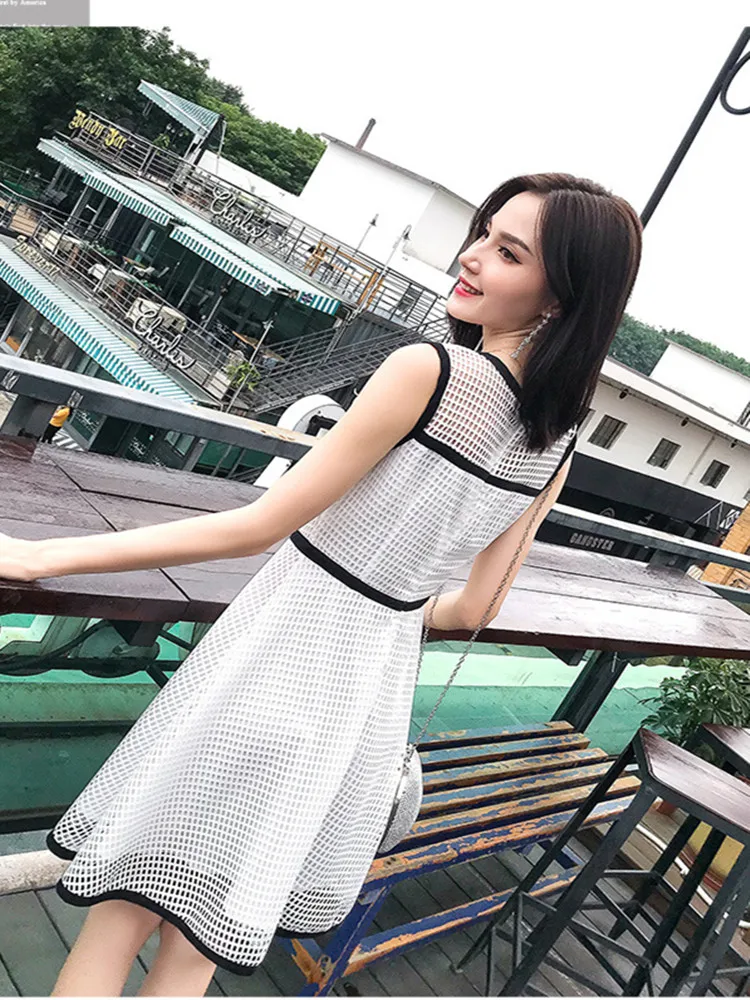 

Fashion women's 2020 summer new lace cut out binding contrast A-line dress