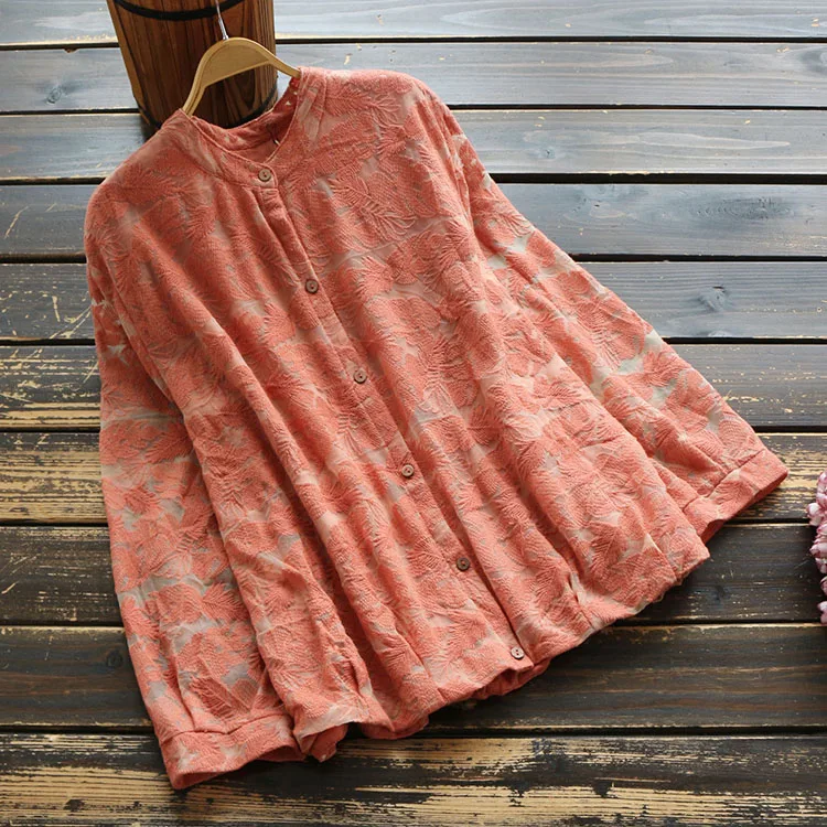 Женская хлопковая рубашка осень 2019 с длинным рукавом вышивкой Mori Girl однотонная