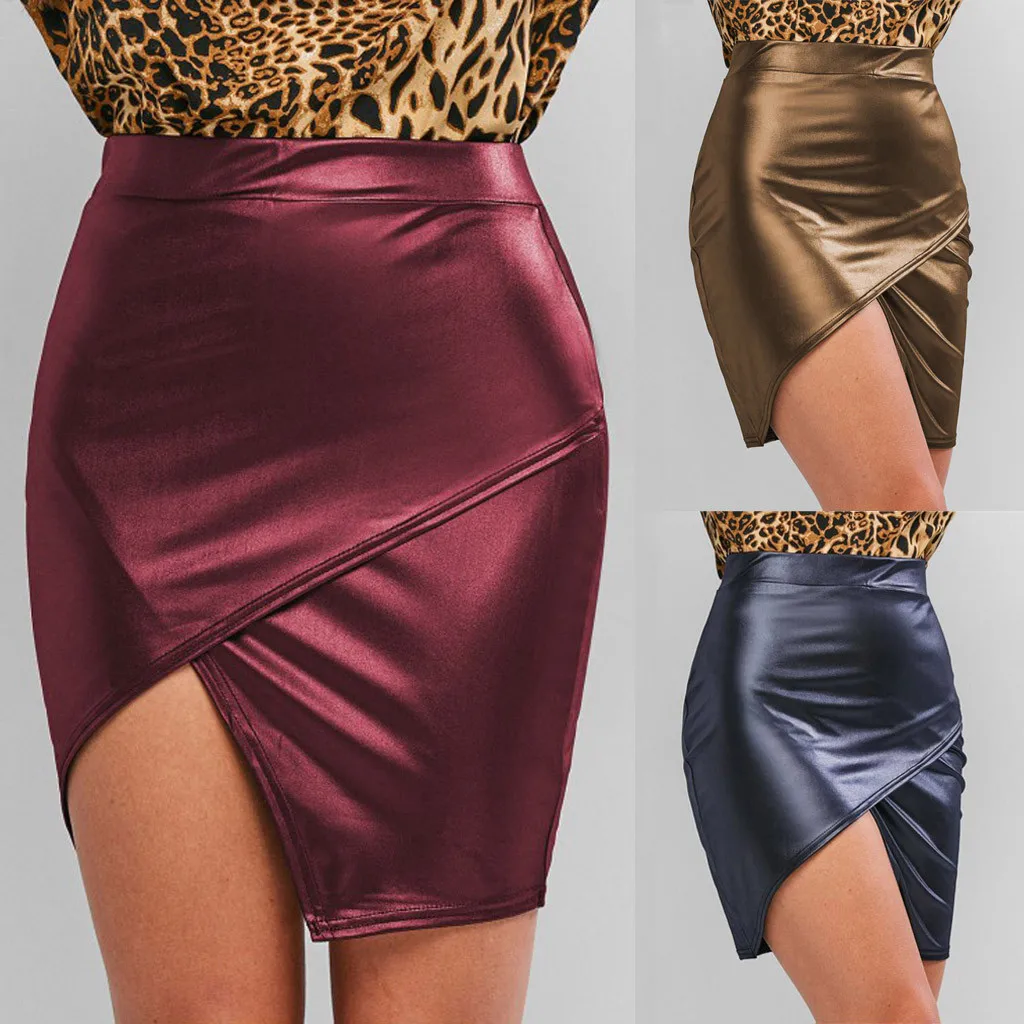 Ropa mujer женская Асимметричная Повседневная плотная искусственная кожа мини юбка