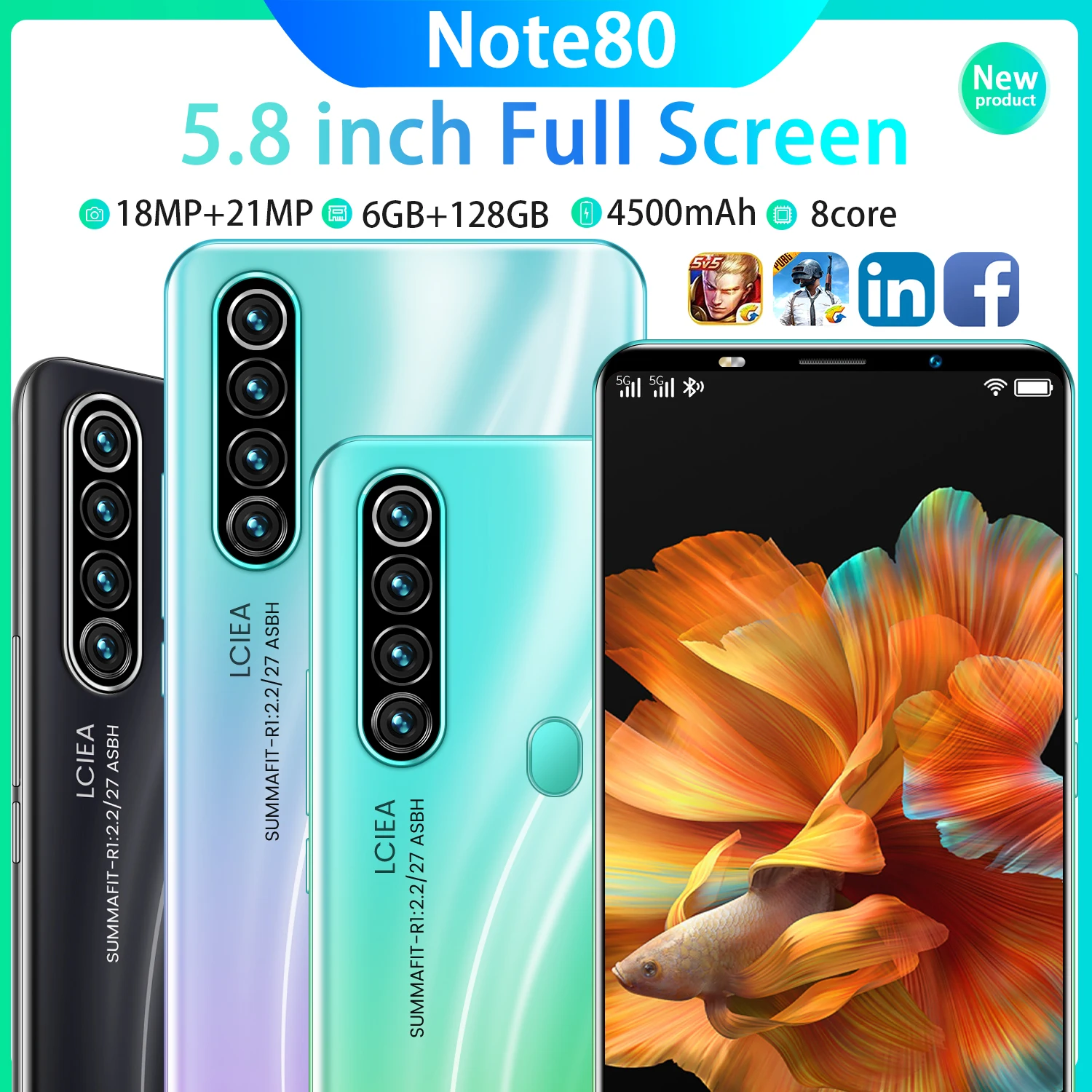 note80 5 8 inch cell phone global version full screen 4500mah 6128gb 1821mp face id unlock 4g 5g android 10 hot smartphone free global shipping
