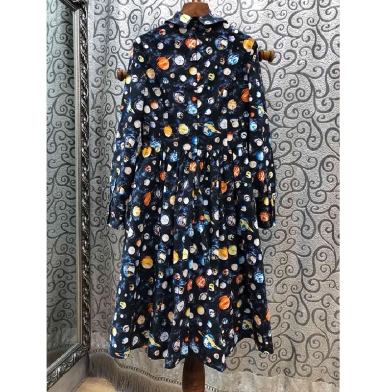 

100%Cotton New 2020 Spring Fashion Star Print Women Turn-down Collar Big Swing Party Casual Long Sleeve Dress Tunic