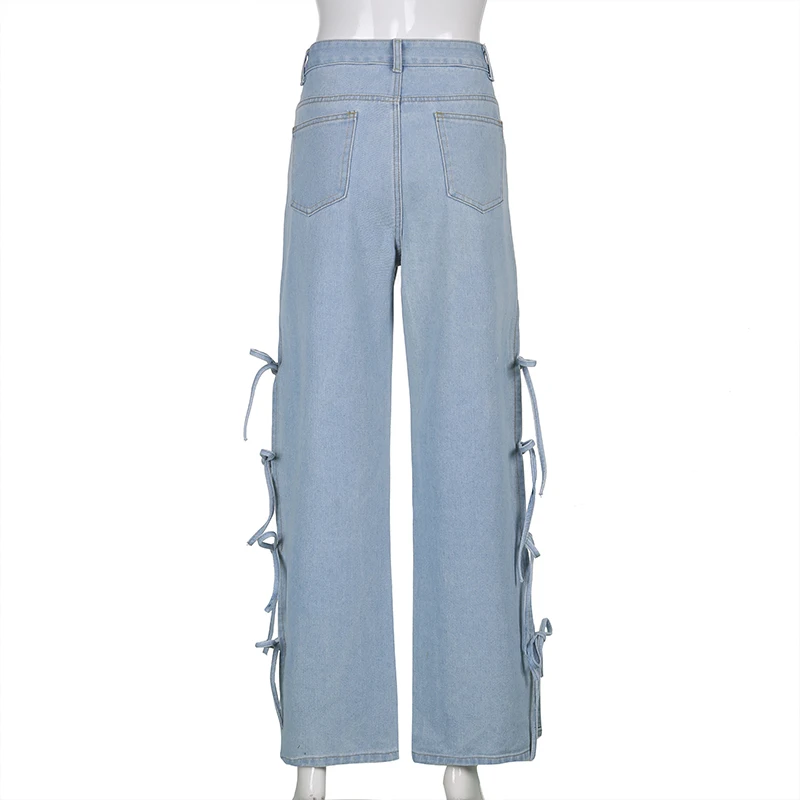 

Sweetown Hollow Out Tie Up Baggy Mom Jeans Women Streetwear Korean Fashion Wide Leg Cargo Pants High Waist Denim Trousers 90s