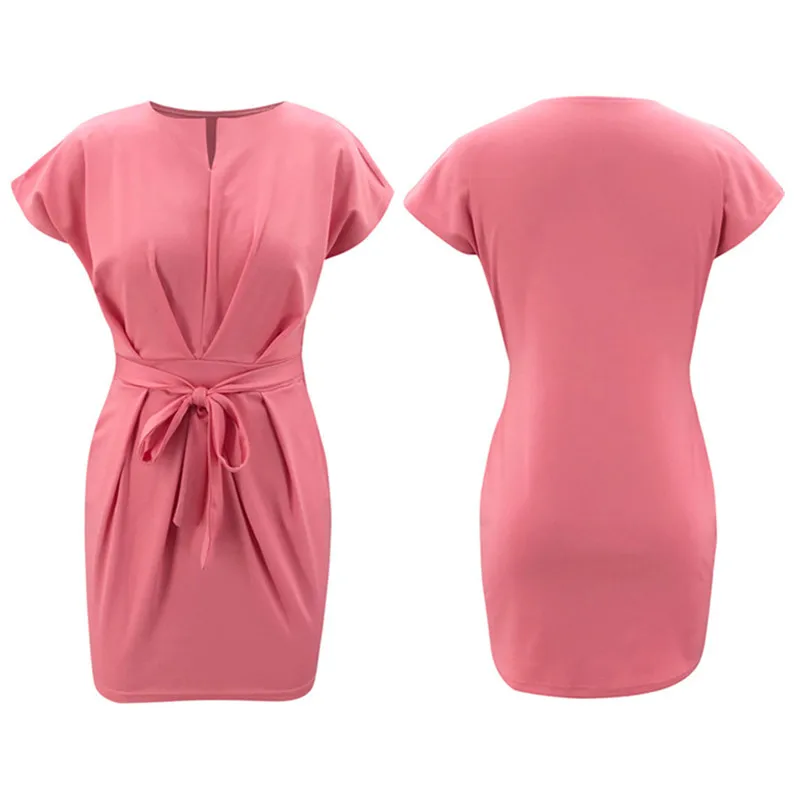 

Temperament Round Neck Commuter Straps Waist Dress Women's Slim Summer Mini Dress 2020 Office Pocket Elegant Retro Female Dresse