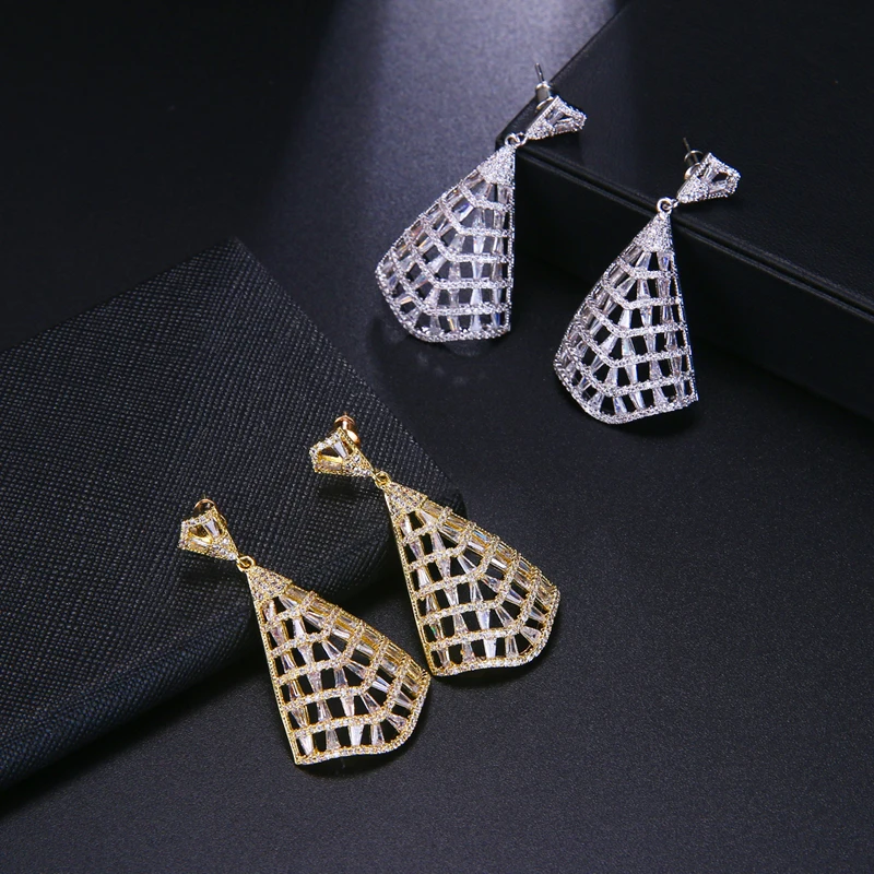 

2019 Vintage Geometric Zirconia Drop Earrings for Women Fan Shape Luxury Women Wedding Earings Party Jewelry Gift Accessories