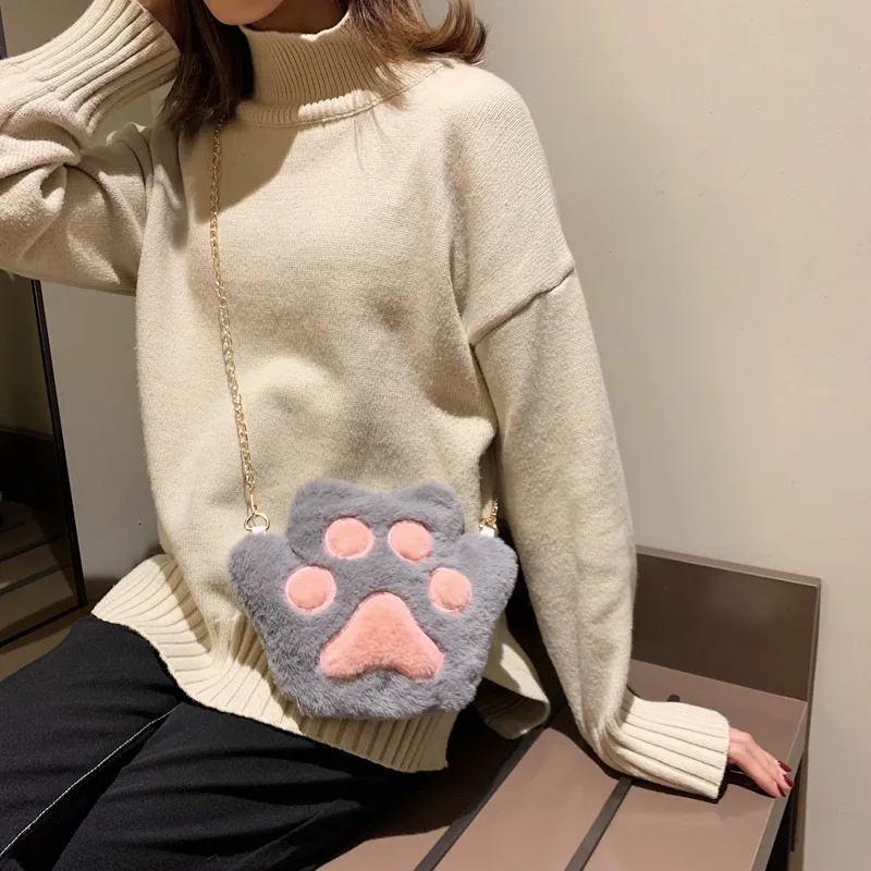 Cute Bear Paw Children's Plush Messenger Bag Lovely Girls Accessories Chain Shoulder Crossbody Bag Kids Coin Purse Handbags