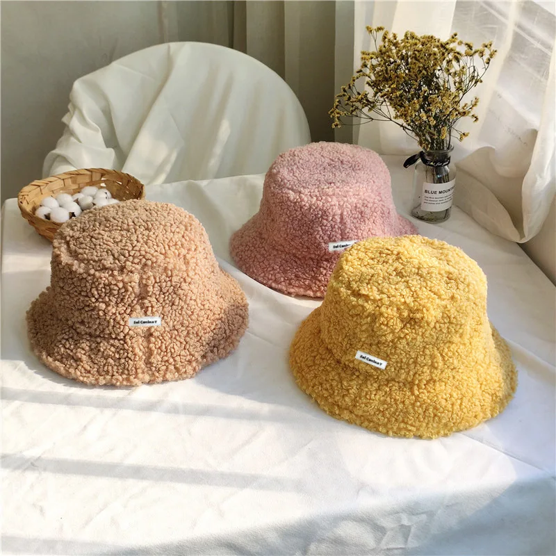 

Bucket Hat Winter Women Teddy Velvet Warm Ear Protector Fisherman Hat Accessories Vintage Lamb Velvet Cap Lovely Plush Hats