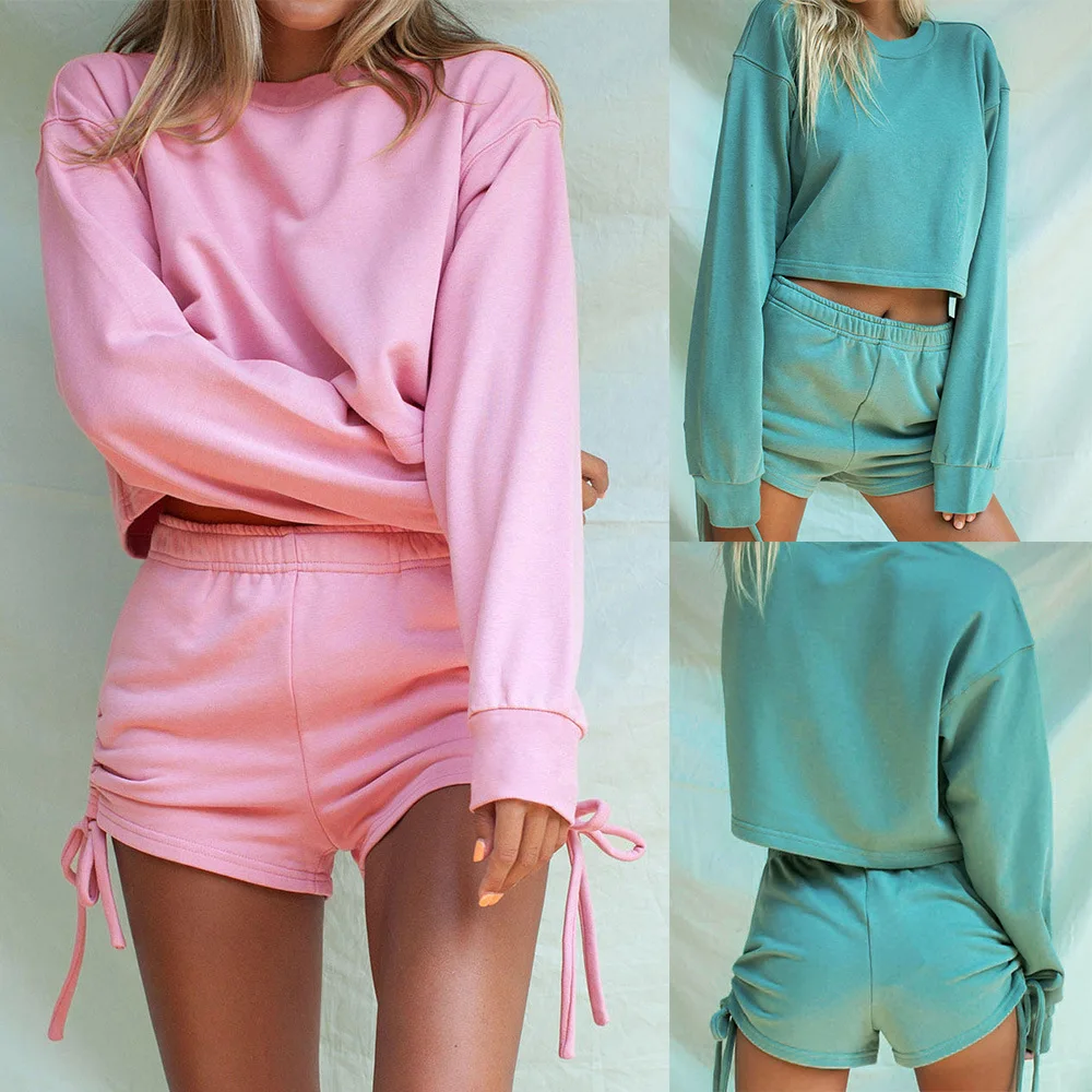 

Women’s Casual Two Piece Suits Fashion Home Solid Color Exposed Navel Long Sleeve Pullover Top and High Waist Drawstring Shorts