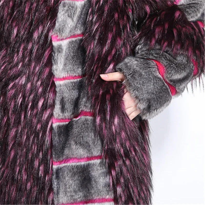 3XL Womens winter fashion 2022 luxury runway faux fur coat color block fluffy furry warm fake mink overcoat 870