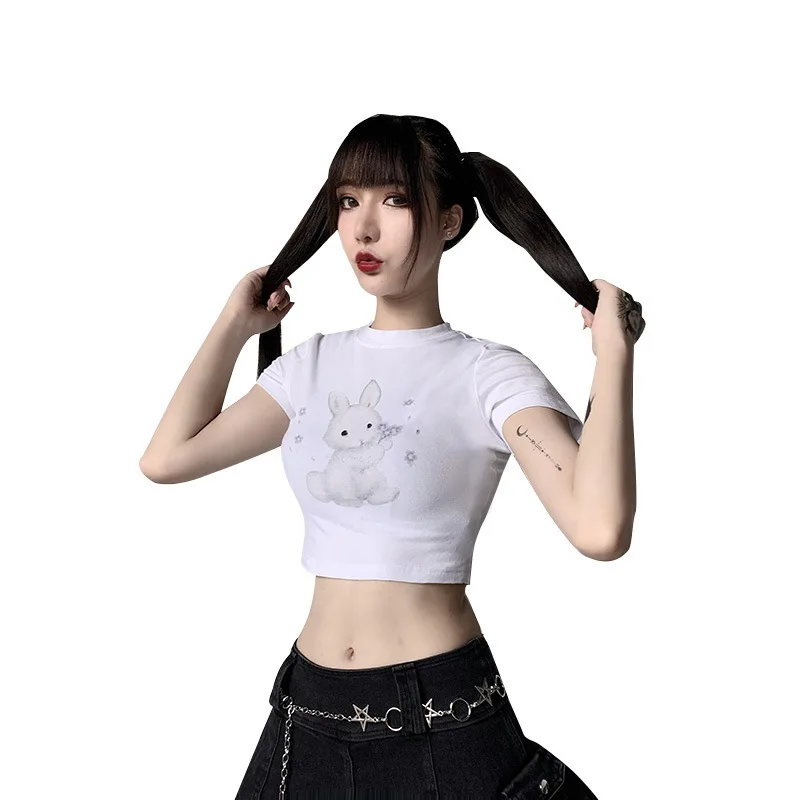 

Summer New Cute Rabbit Print Fashion Street Korean Crop Top Slim Tee Shirt Femme Free Shiping Punk Hip Hop T-shirt
