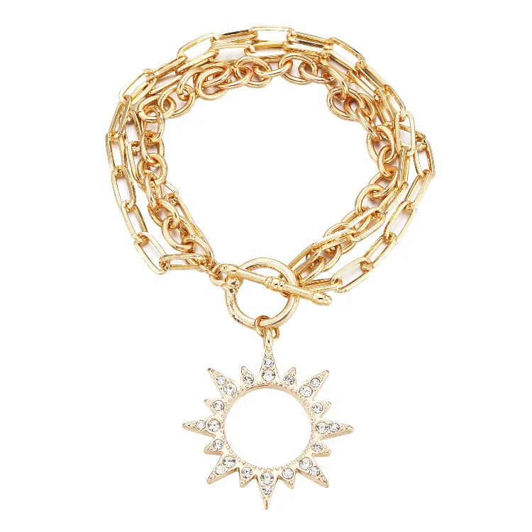 

ORNAPEADIA Fashion Multi-Layer Chain Sun Pendant Bracelet for Women Ladies Multi-Layer OT Buckle Hip Hop Trendy Bracelet