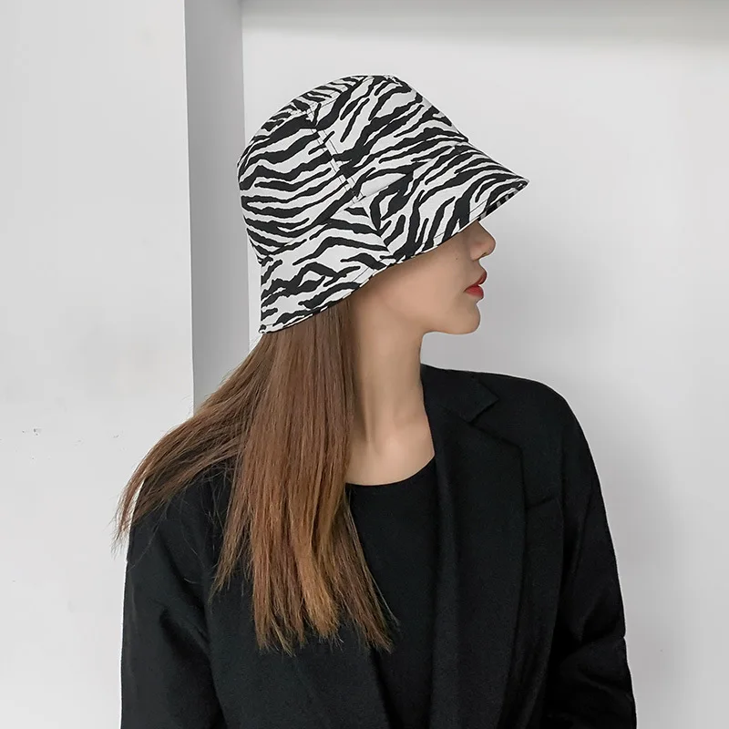

JIN-Swhbias Bucket Hat for Women Cotton Zebra-Stripe Sun Hat 2020 New Style Autumn Ladies Hat Wind-proof Wide Brim Female Hat