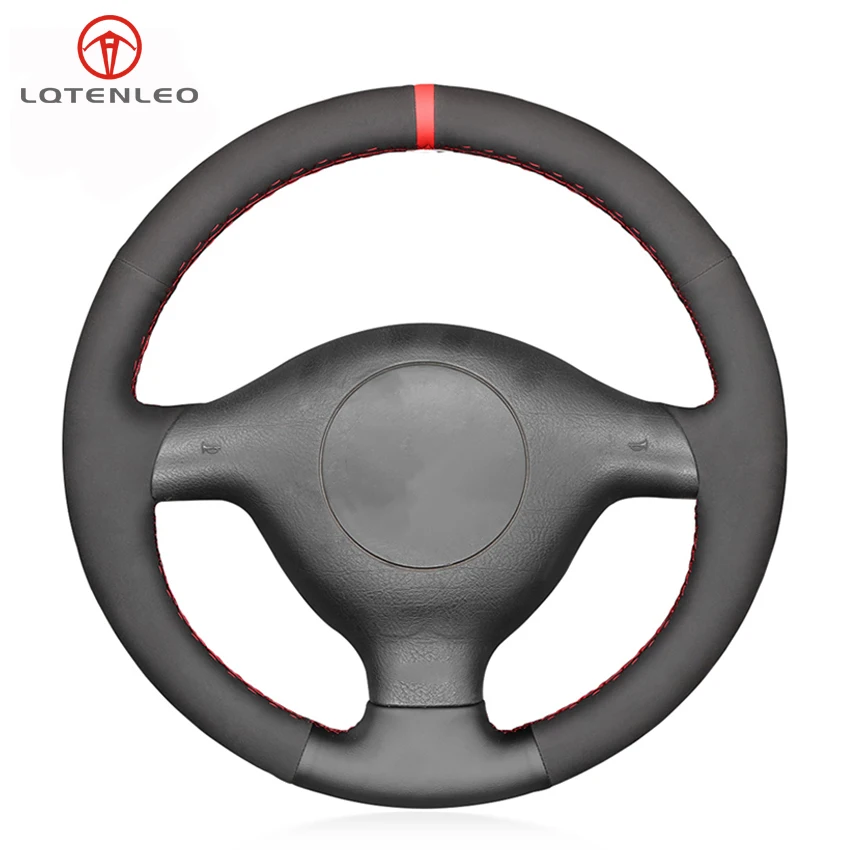 

LQTENLEO Black Genuine Leather Suede Steering Wheel Cover for Volkswagen VW Bora Seat Leon MK1 1998-2005 Skoda Fabia 1 2004-2005