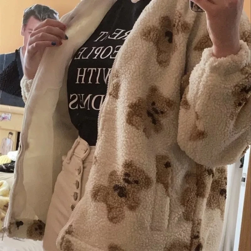 

90s Aesthetic Outwear White Winter Clothes Women Thick Lamb Wool Bear Coat Oversize Zip Up Hoodies Long Sleeve E-girl Top