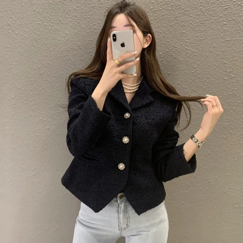 

Пальто женское твидовое однобортное с длинным рукавом и воротником-стойкой