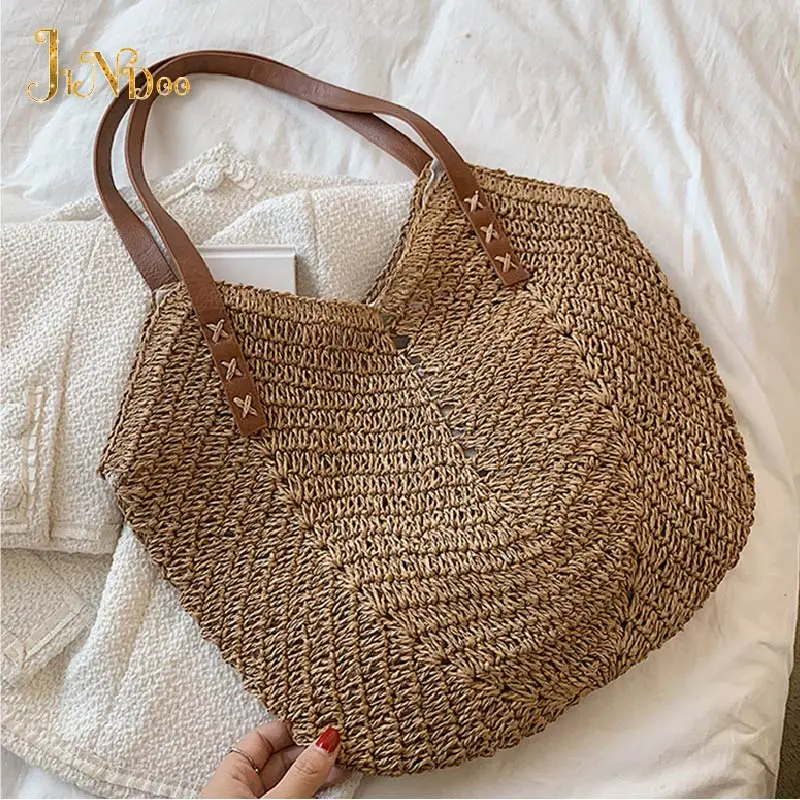 

2021 Summer Straw Beach Tote Bag Travel Shopper Weaving Shopping Bags Hand-woven Women's Shoulder Handbag Bohemian