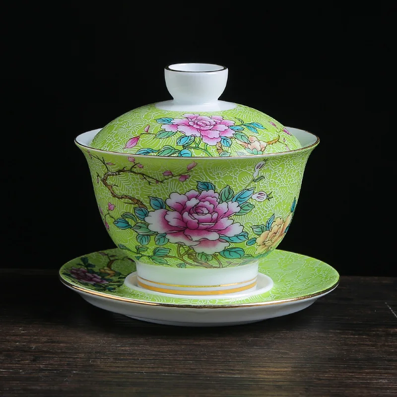 Green Керамическая эмалированная цветная чайная чаша Gaiwan в китайском стиле Sancai, набор чайных чашек и блюдца, 150 мл, бытовой чайник - Цвет: Green