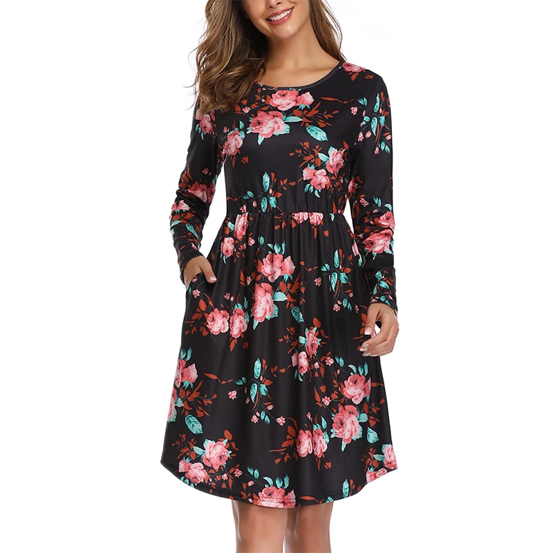 Боба стиль вечерние платья с длинным рукавом и круглым вырезом хлопковое зимнее