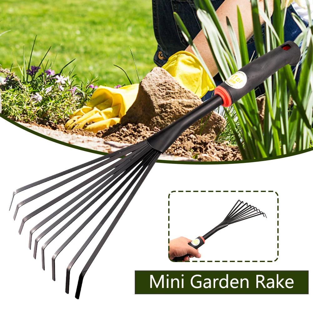 

16inch 9 Root Lightweight Cast Iron Garden Rake With Ergonomic Grip Small Tool
