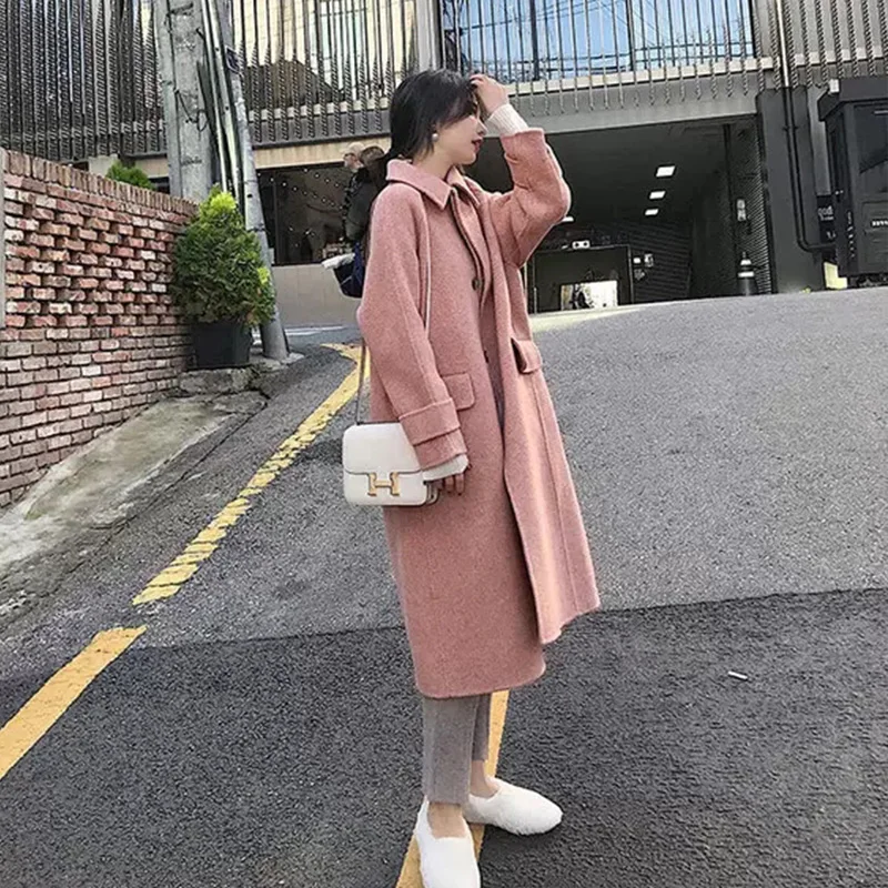 Женское элегантное длинное зимнее пальто розовое милое шерстяное в Корейском