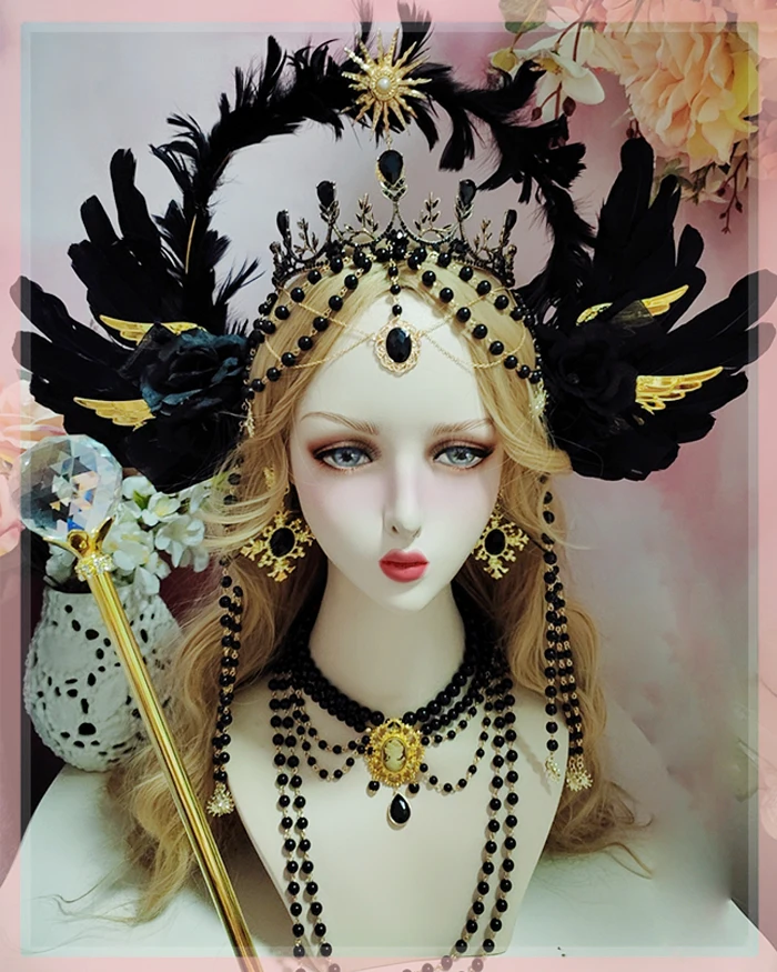 Черный Дьявол Ангел перья крылья богиня солнце ореол корона для волос повязка на