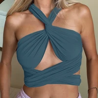 solid color bandage wrap crop top women cross over front cut out halter neck sleeveless backless fashion sexy diy tank vest
