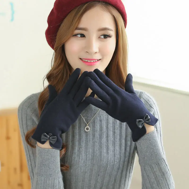

2021 New Fashion Women's Winter Cotton Gloves Autumn Female Fleece Lined Warm Touch Screen Outdoor Thermal 5 Fingers Bow Gloves