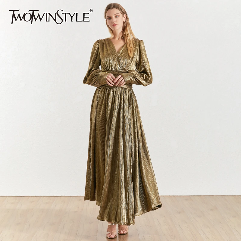 TWOTWINSTYLE бархатные платья для женщин, v-образный вырез, фонарь, длинный рукав, высокая талия, макси платья для женщин, винтажная мода, новинка