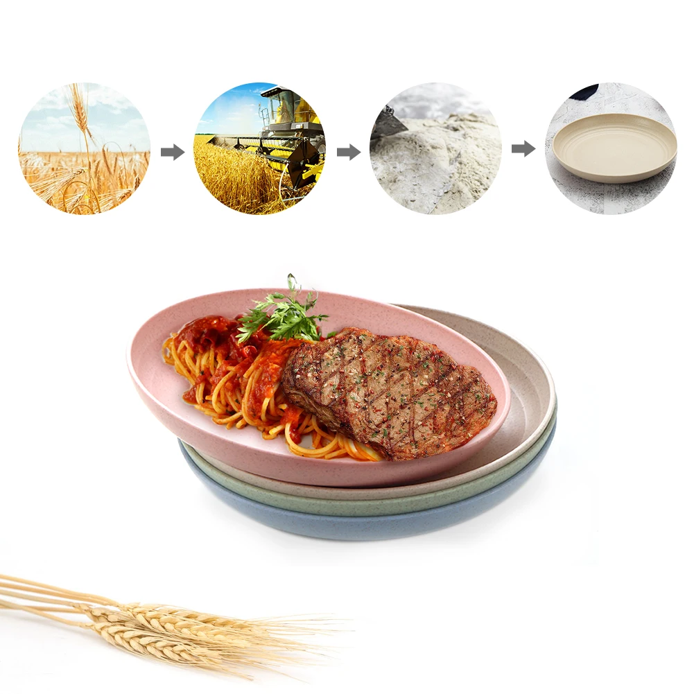 

4pcs Eco-Friendly Solid Color Wheat Straw Plate Dish Snack Food Plate Dessert Dinner Fruit Round Plate Tray Tableware Set