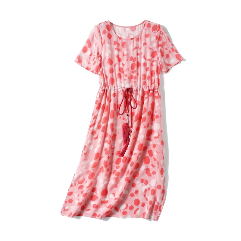 

100% Silk Women's Dresses O Neck Short Sleeves Lace Up Waist Printed Fashion Summer Dresses