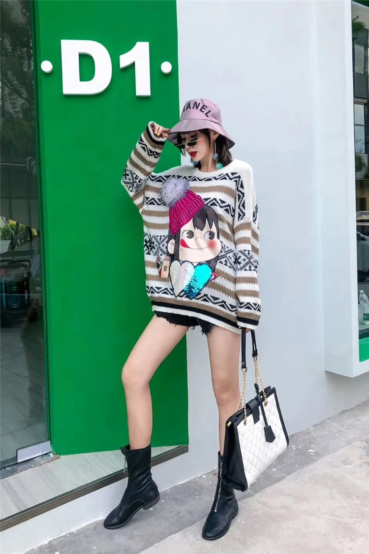 

Retro geometric striped sweater female loose lazy trend card sweet cute cartoon sequin love sweater