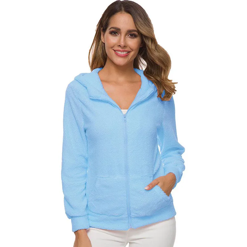 

UVRCOS 2020 Fashion Autumn Winter Women Zip-Up Cotton Outwear Hooded Solid Color Top Warm Fleece Zipper Zip jacket Women Coat